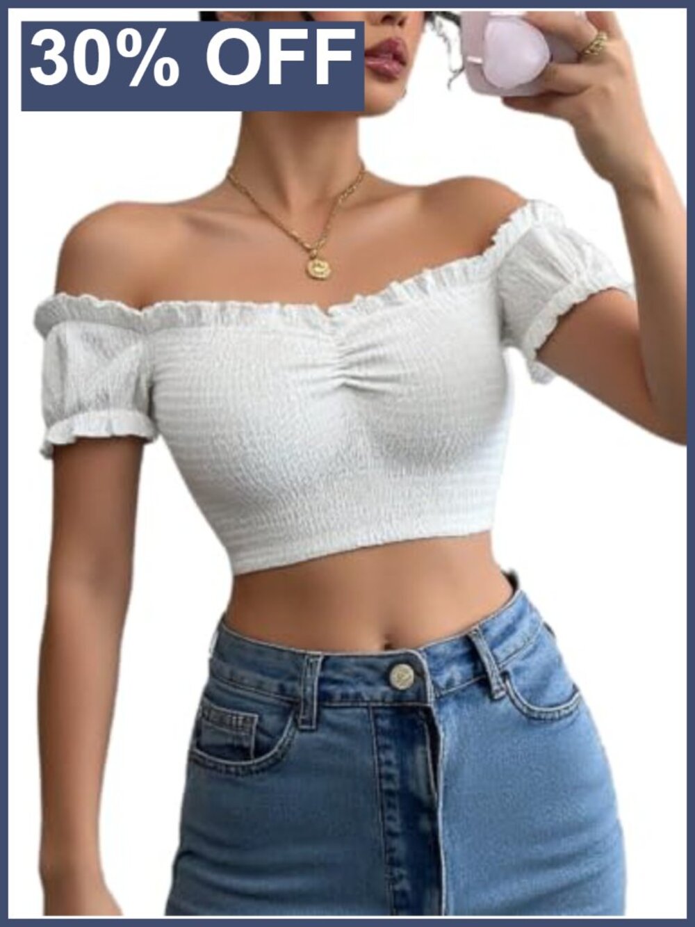 Off Shoulder Smocked Crop Top Puff Short Sleeve Stretchy Polyester Top